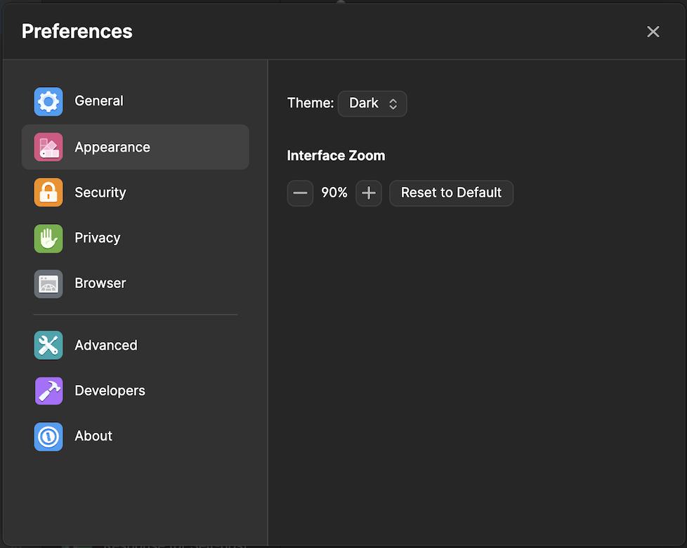 Preferences window with new Appearance tab selected