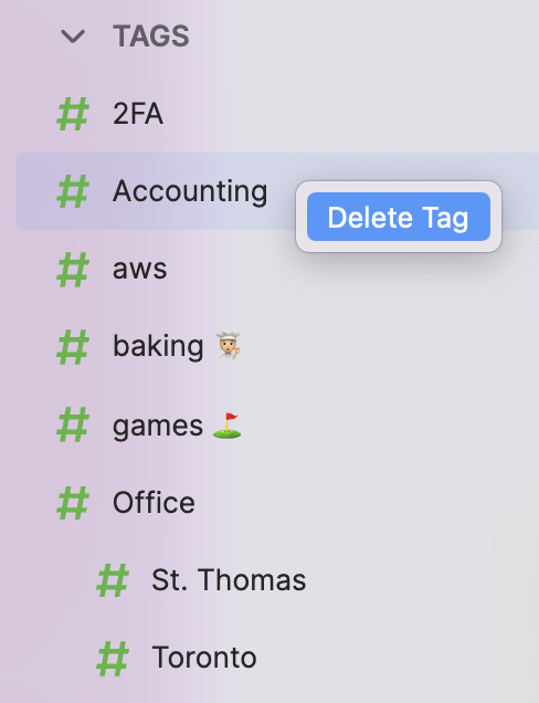 A screenshot of the sidebar with a tag selected along with a context menu with the Delete menu item highlighted