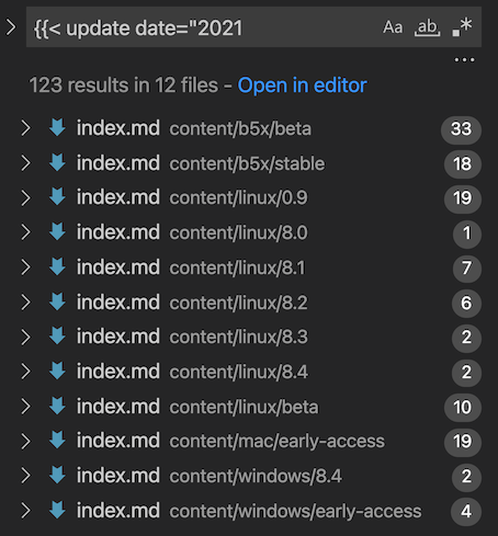 Search results within VSCode showing 123 updates on releases.1password.com in 2021