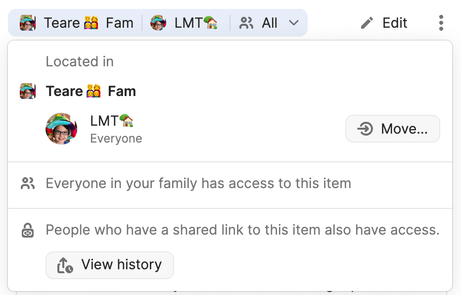 The sharing window for an item showing who it is being shared with along with the new View history button
