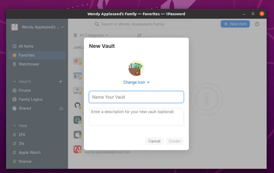 1Password 8.1.1, the favorites view while creating a new vault, open on Ubuntu 20.04 LTS.