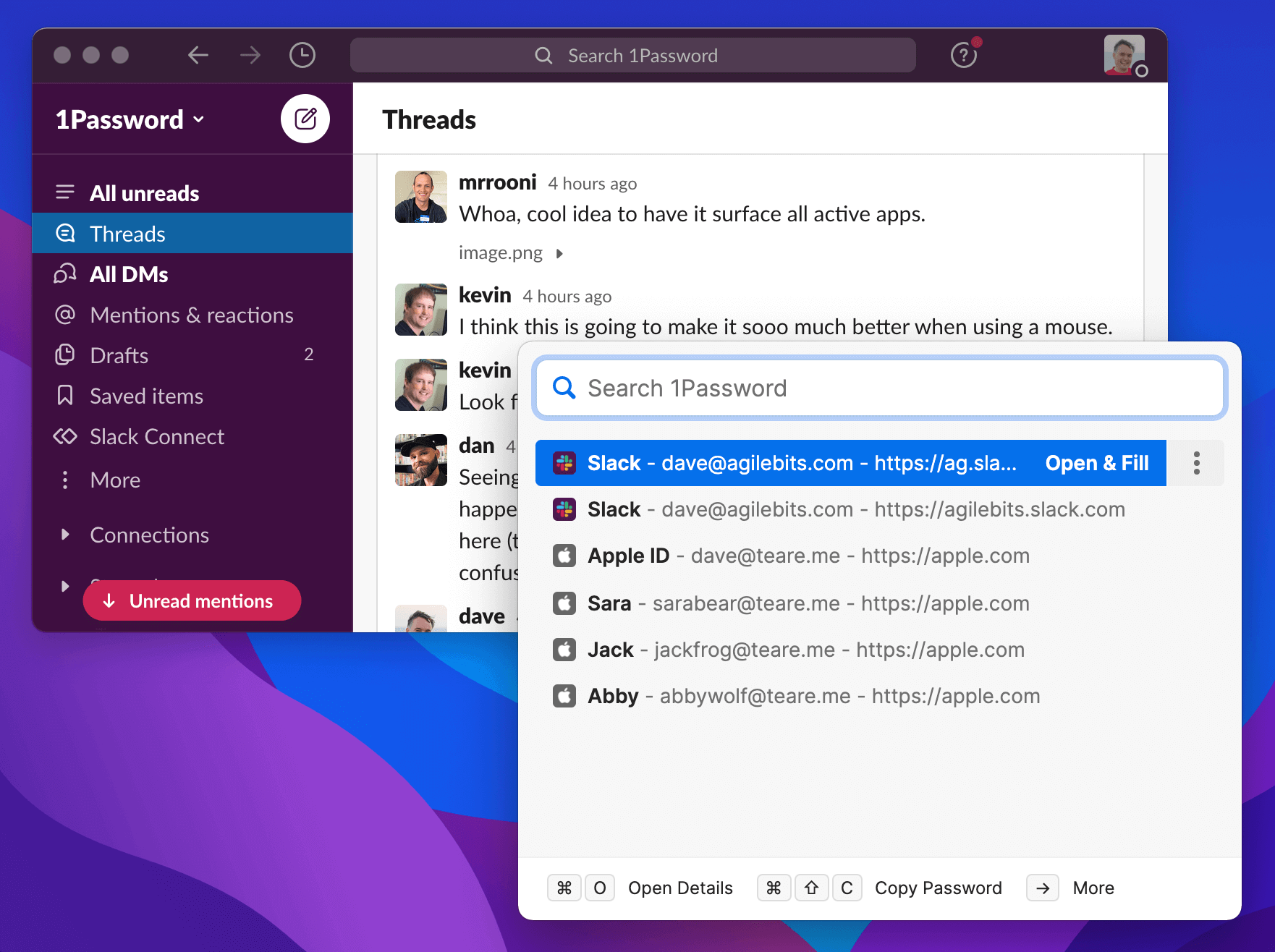 Launching Quick Access while Slack is open now showing matches logins for all open apps