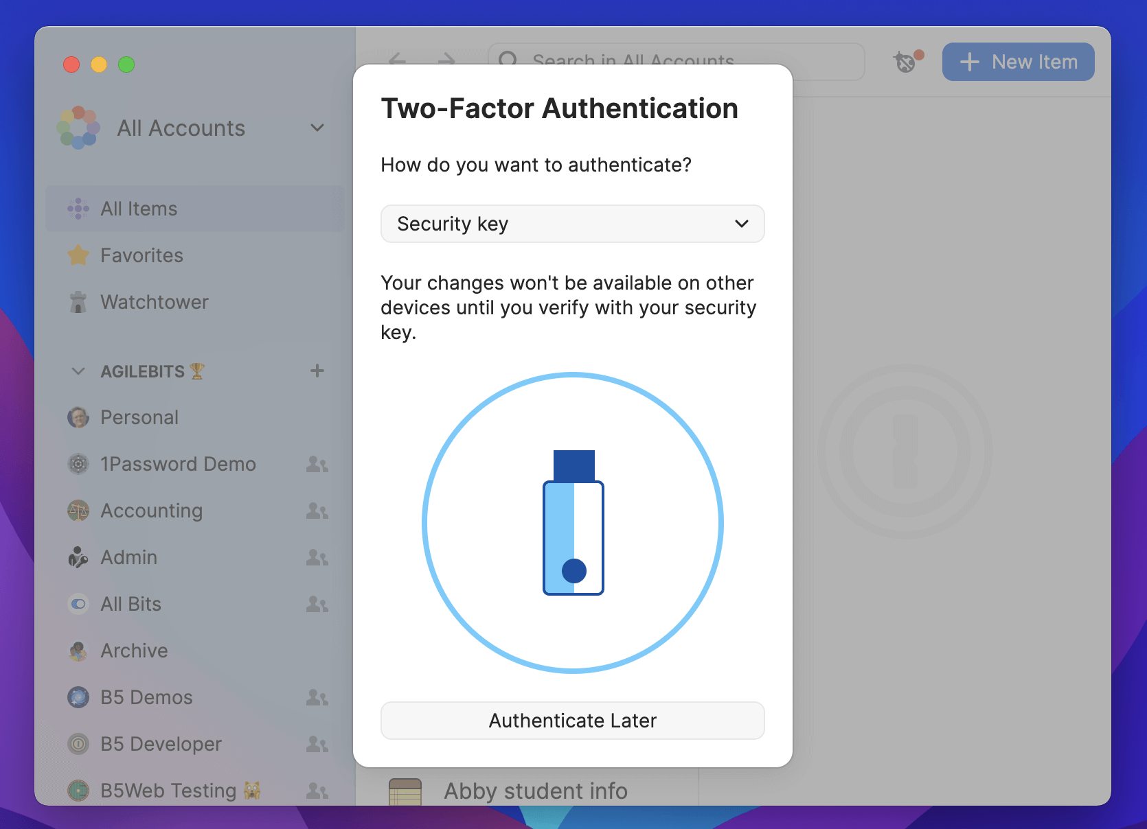 1Password prompting for a security key when reathorizing a device