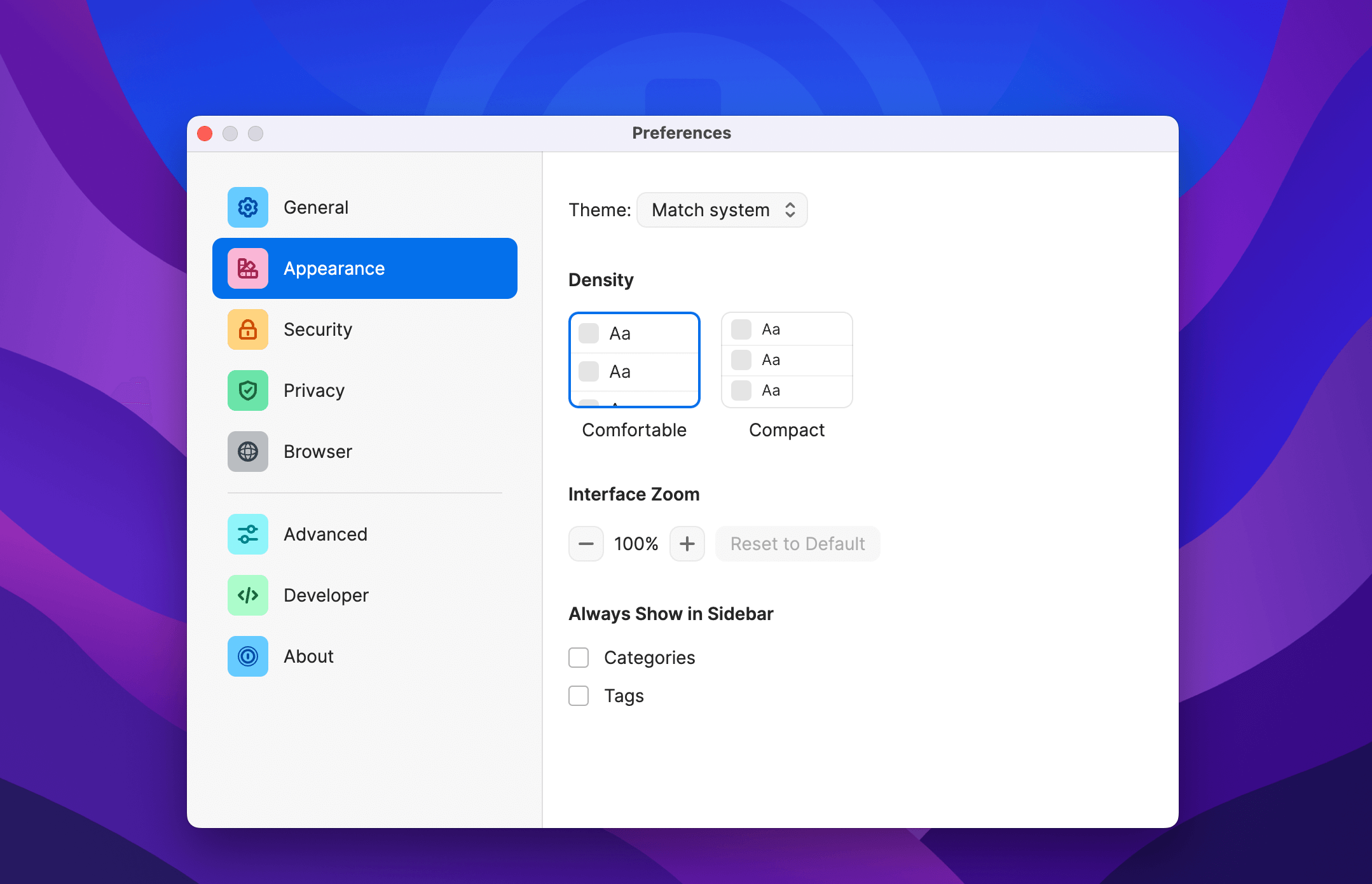 1Password preferences window, open on the Appearance tab with the new Density and Interface Zoom settings shown