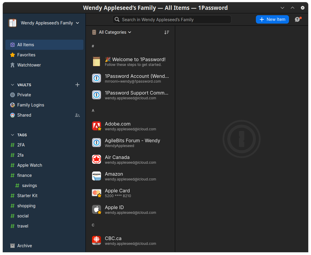1Password 8.2.0, in dark mode, open on Fedora Core 34