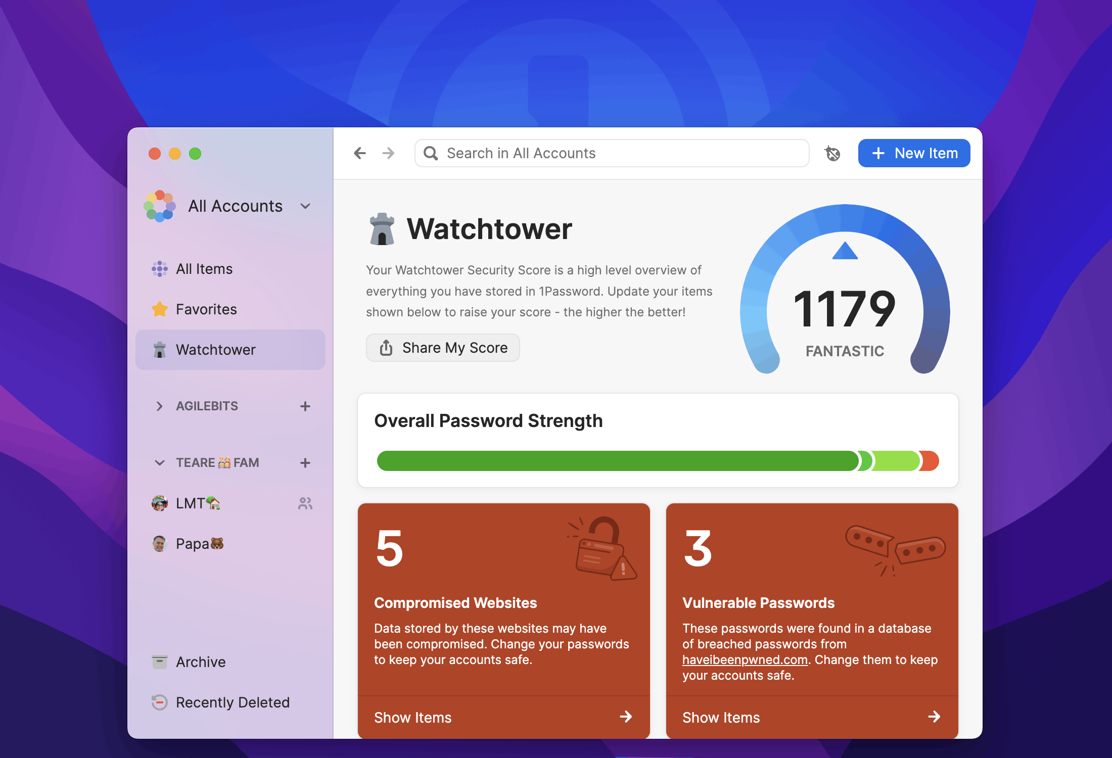 1Password with the Watchtower Dashboard showing, including a Security Score and actions for improving your security health.