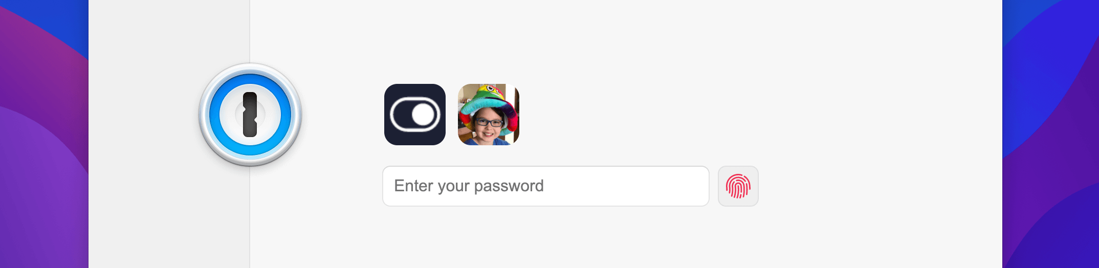 1Password lock screen showing multiple accounts and a button to activate TouchID