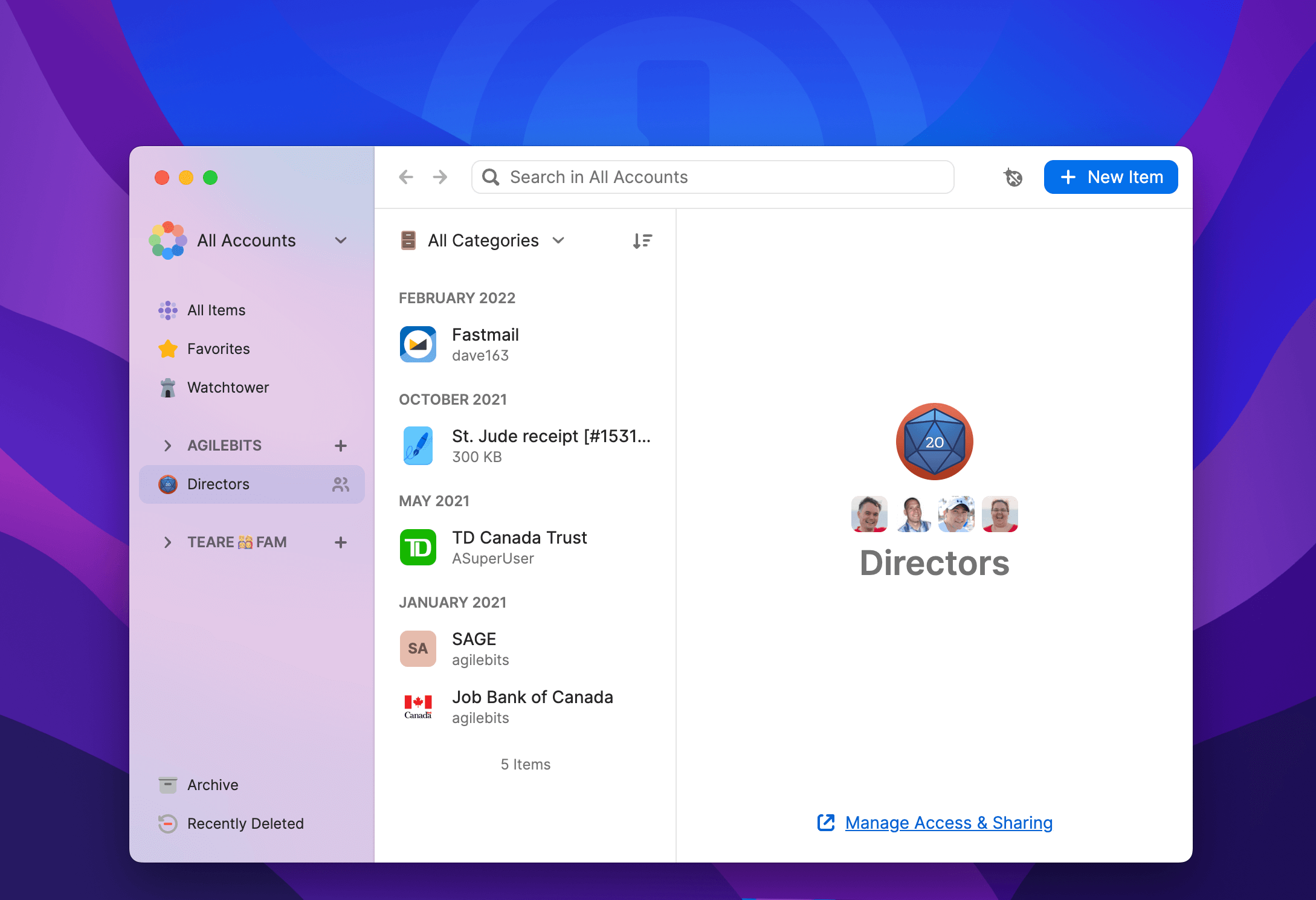 1Password with no item selected, showing the informative empty item details screen with 4 people and a manage access and sharing link